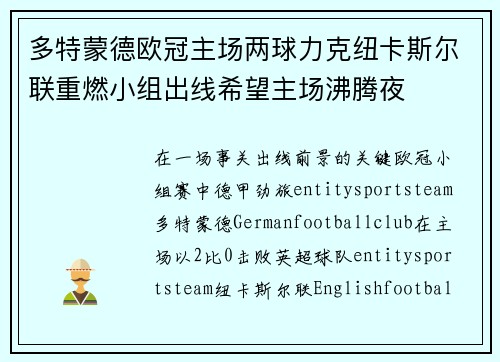 多特蒙德欧冠主场两球力克纽卡斯尔联重燃小组出线希望主场沸腾夜