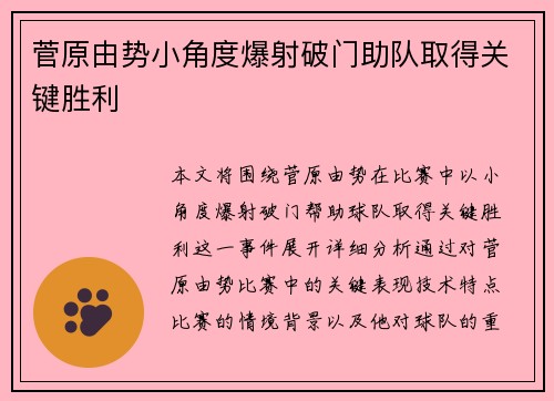 菅原由势小角度爆射破门助队取得关键胜利